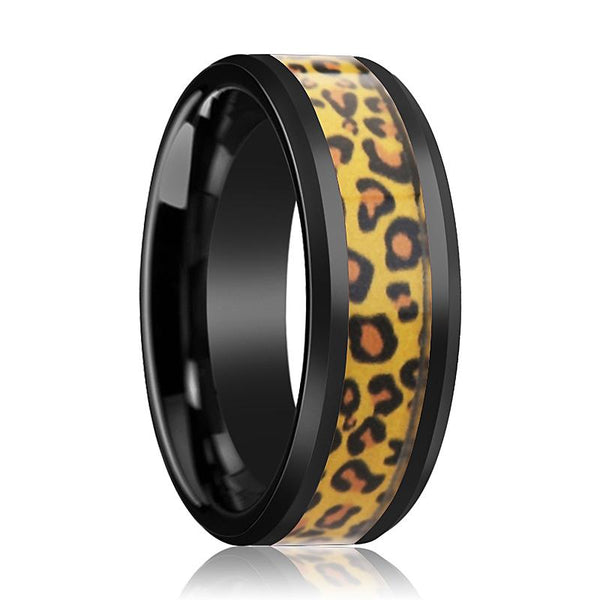 ACINONYX | Black Ceramic Ring, Cheetah Animal Print Inlay, Beveled - Rings - Aydins Jewelry - 1