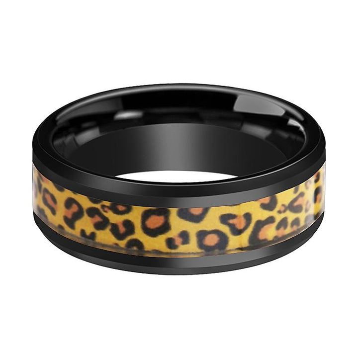 ACINONYX | Black Ceramic Ring, Cheetah Animal Print Inlay, Beveled - Rings - Aydins Jewelry