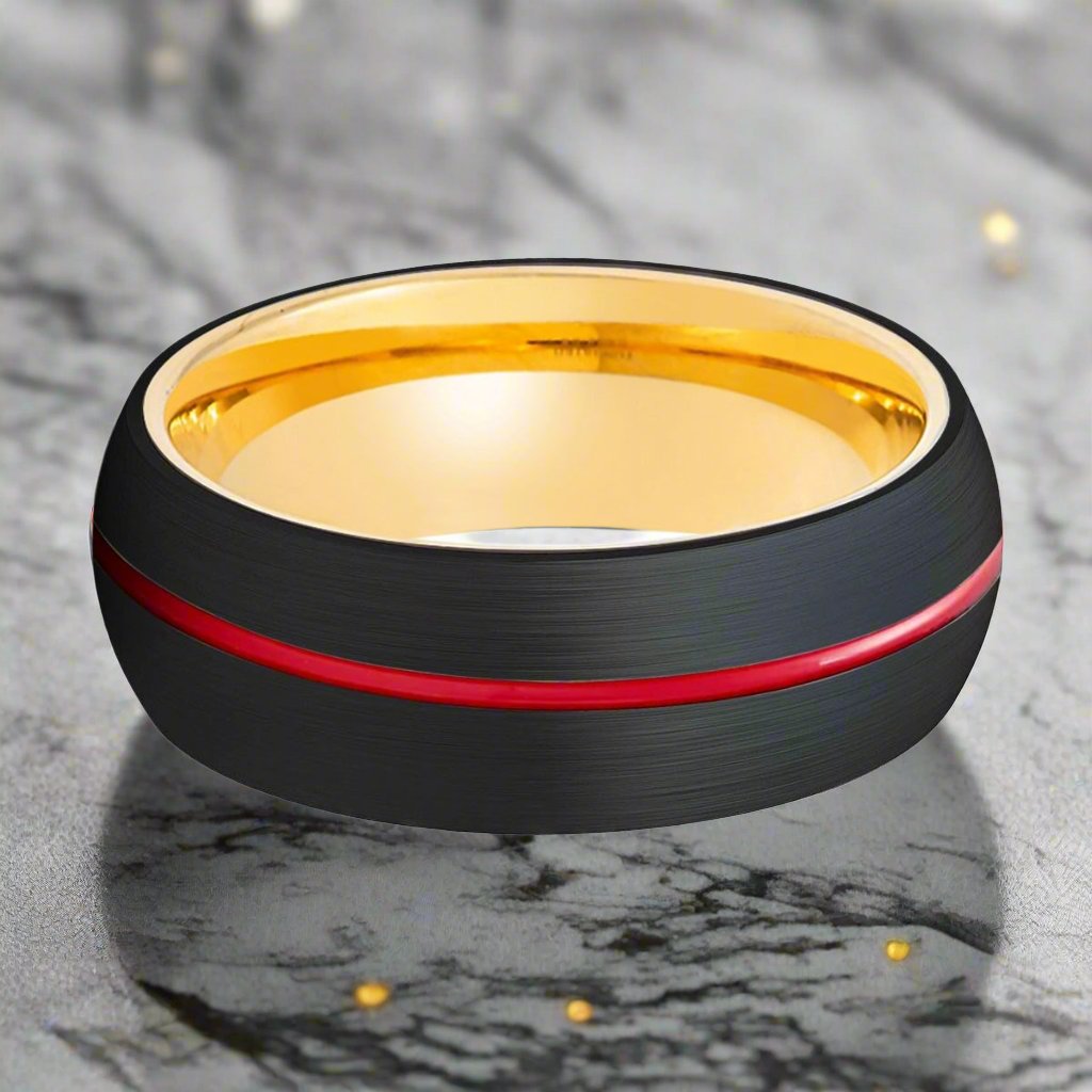 ACROBA | Gold Ring, Black Tungsten Ring, Red Groove, Domed - Rings - Aydins Jewelry - 1