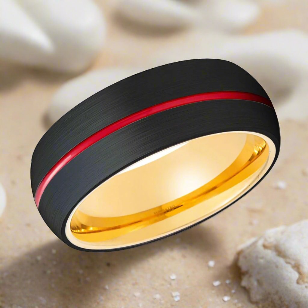 ACROBA | Gold Ring, Black Tungsten Ring, Red Groove, Domed - Rings - Aydins Jewelry - 2