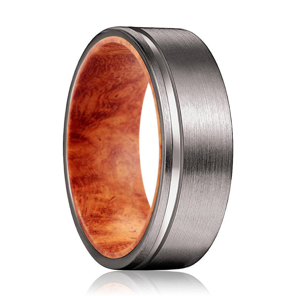 ADAR | Red Burl Wood, Gunmetal Tungsten Offset Groove - Rings - Aydins Jewelry - 1