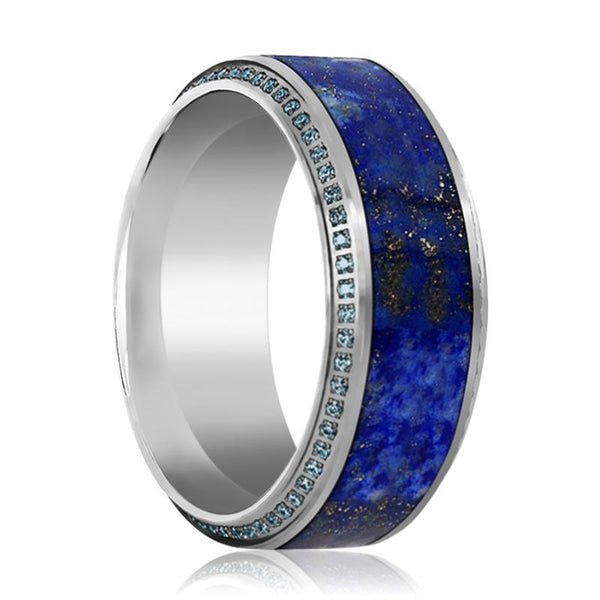 EMPEROR Men's Titanium Wedding Band with Lapis Lazuli Inlay & Beveled Edges Set with Blue Diamonds - 10MM - Rings - Aydins_Jewelry