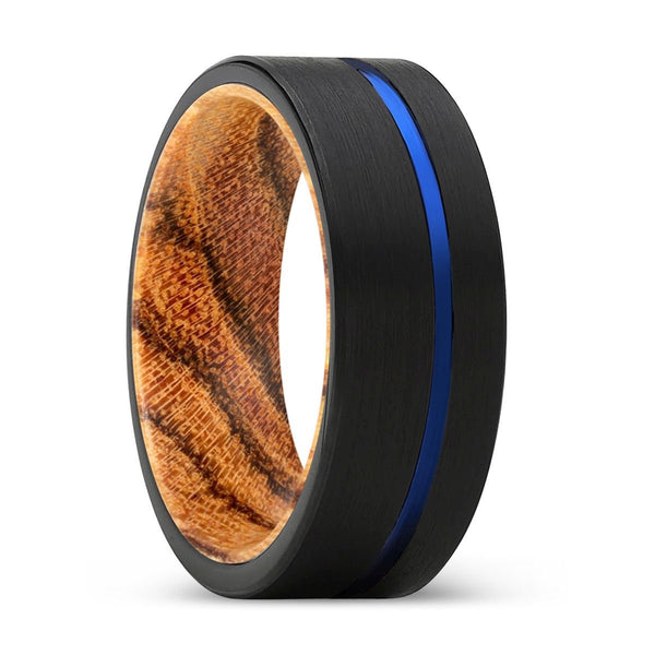 ADVENTUNE | Bocote Wood, Black Tungsten Ring, Blue Offset Groove, Flat - Rings - Aydins Jewelry - 1