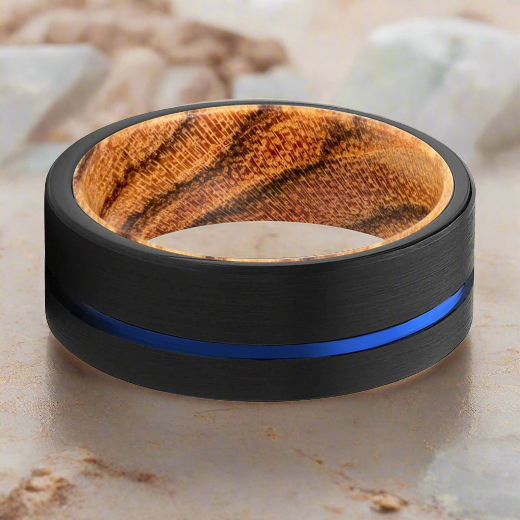 ADVENTUNE | Bocote Wood, Black Tungsten Ring, Blue Offset Groove, Flat - Rings - Aydins Jewelry - 1