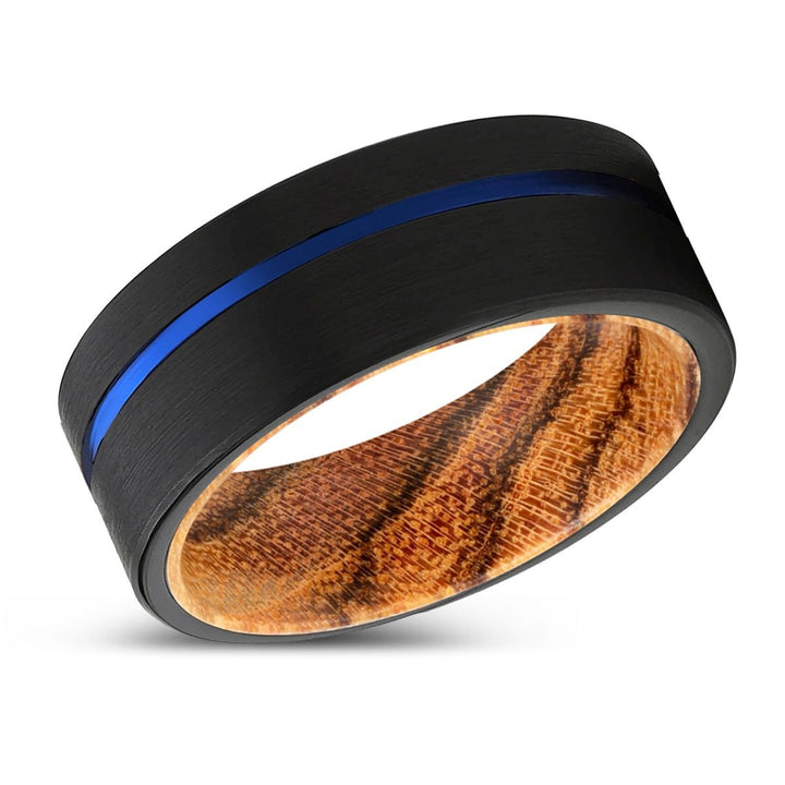ADVENTUNE | Bocote Wood, Black Tungsten Ring, Blue Offset Groove, Flat - Rings - Aydins Jewelry