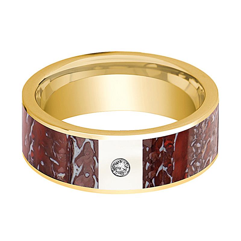 Dinosaur Bone inlay 14k yellow gold wedding band with diamond, side profile