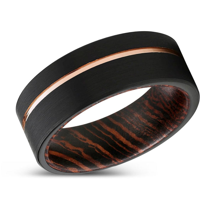 AEON | Wenge Wood, Black Tungsten Ring, Rose Gold Offset Groove, Brushed, Flat - Rings - Aydins Jewelry - 2