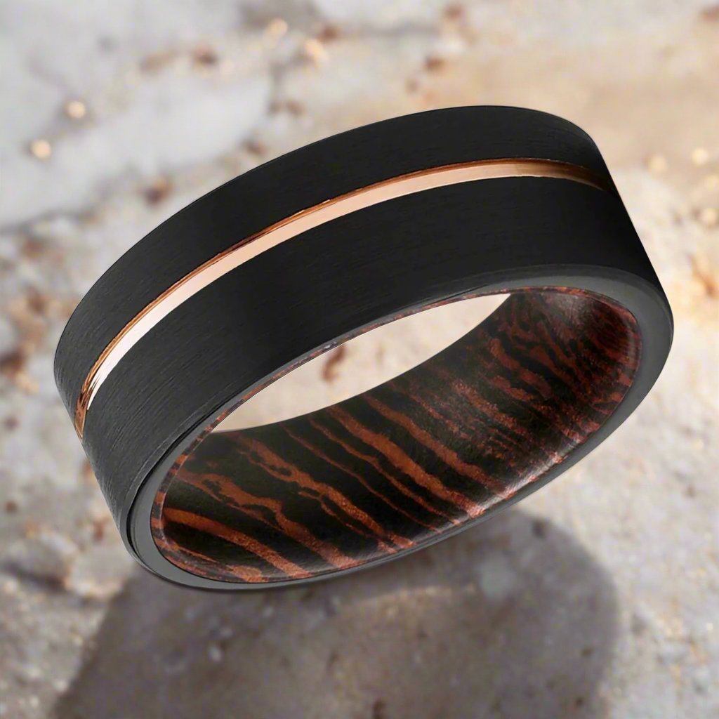 AEON | Wenge Wood, Black Tungsten Ring, Rose Gold Offset Groove, Brushed, Flat - Rings - Aydins Jewelry - 2