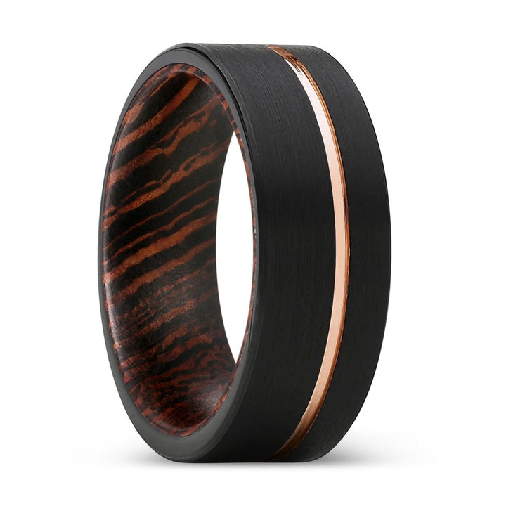 AEON | Wenge Wood, Black Tungsten Ring, Rose Gold Offset Groove, Brushed, Flat - Rings - Aydins Jewelry - 1