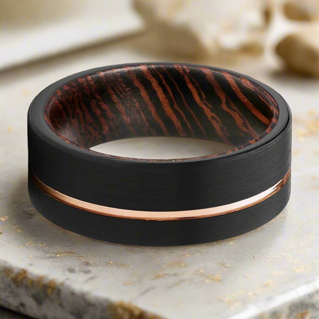 AEON | Wenge Wood, Black Tungsten Ring, Rose Gold Offset Groove, Brushed, Flat - Rings - Aydins Jewelry - 1