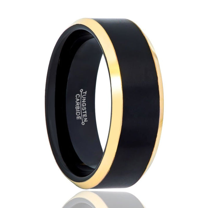 AERGLO | Black Tungsten Ring, Brushed, Gold Beveled - Rings - Aydins Jewelry - 1