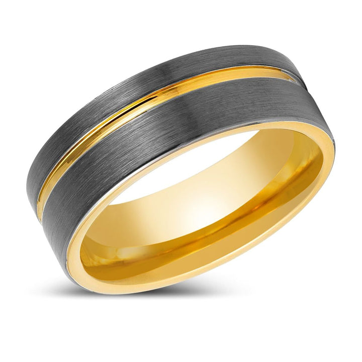 AFRIDI | Gun Metal Tungsten Ring, Gold Inside, Offset Gold Groove, Flat - Rings - Aydins Jewelry - 2