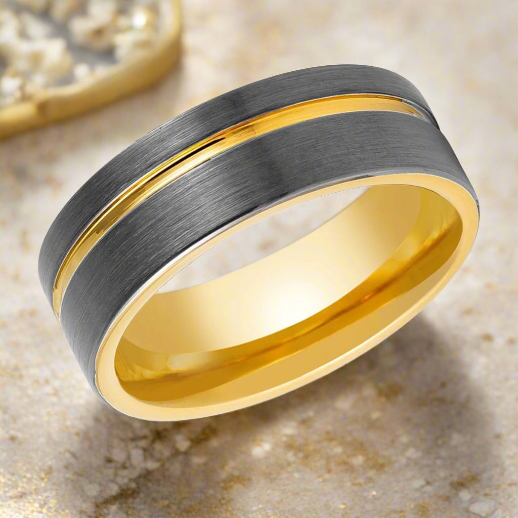 AFRIDI | Gun Metal Tungsten Ring, Gold Inside, Offset Gold Groove, Flat - Rings - Aydins Jewelry - 2