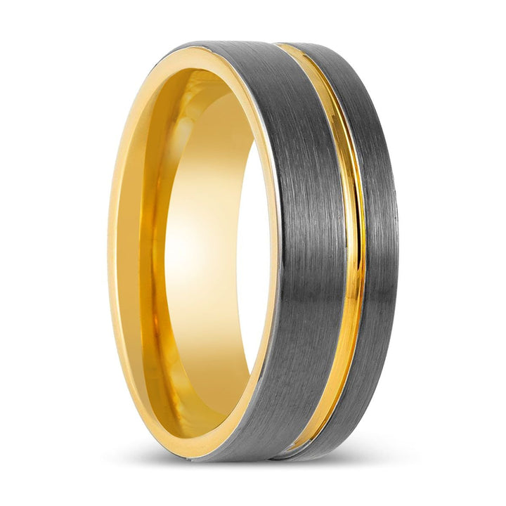 AFRIDI | Gun Metal Tungsten Ring, Gold Inside, Offset Gold Groove, Flat - Rings - Aydins Jewelry - 1