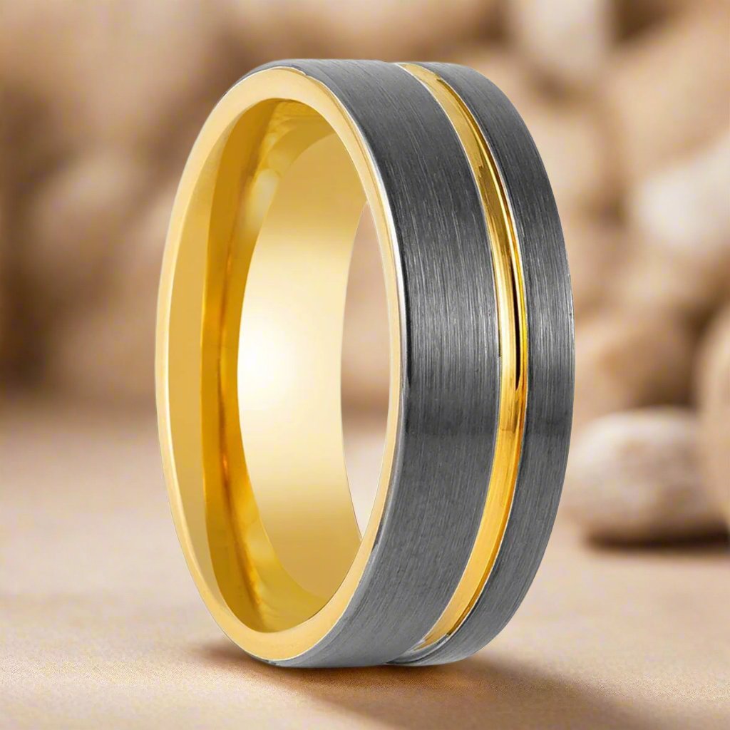 AFRIDI | Gun Metal Tungsten Ring, Gold Inside, Offset Gold Groove, Flat - Rings - Aydins Jewelry - 1