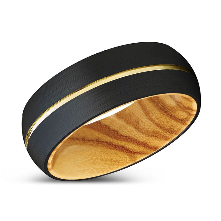AGONIA | Olive Wood, Black Tungsten Ring, Gold Groove, Domed - Rings - Aydins Jewelry