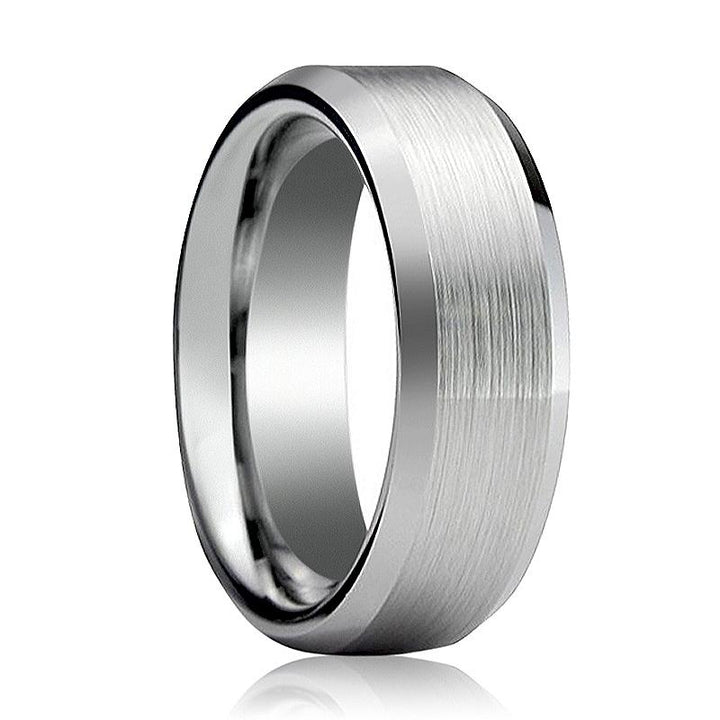 AIDEN | Silver Tungsten Ring, Brushed Center, Beveled - Rings - Aydins Jewelry
