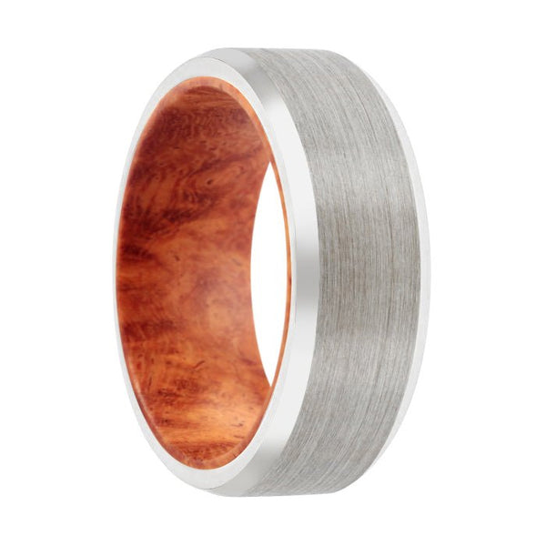 AKAKO | Red Burl Wood, Silver Tungsten Ring, Brushed, Beveled - Rings - Aydins Jewelry