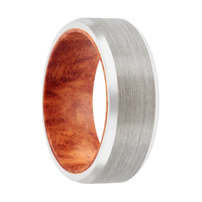 AKAKO | Red Burl Wood, Silver Tungsten Ring, Brushed, Beveled - Rings - Aydins Jewelry