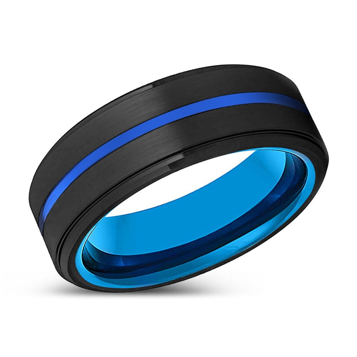 AKIYAMA | Blue Tungsten Ring, Black Tungsten Ring, Blue Groove, Stepped Edge - Rings - Aydins Jewelry - 2