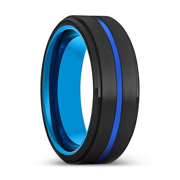 AKIYAMA | Blue Tungsten Ring, Black Tungsten Ring, Blue Groove, Stepped Edge - Rings - Aydins Jewelry