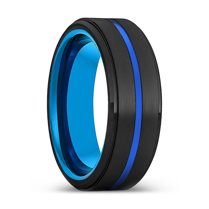 AKIYAMA | Blue Tungsten Ring, Black Tungsten Ring, Blue Groove, Stepped Edge - Rings - Aydins Jewelry - 1