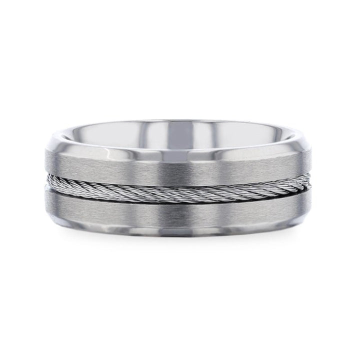 ALBERT | Silver Titanium Ring, Steel Cable Inlay, Beveled - Rings - Aydins Jewelry - 3