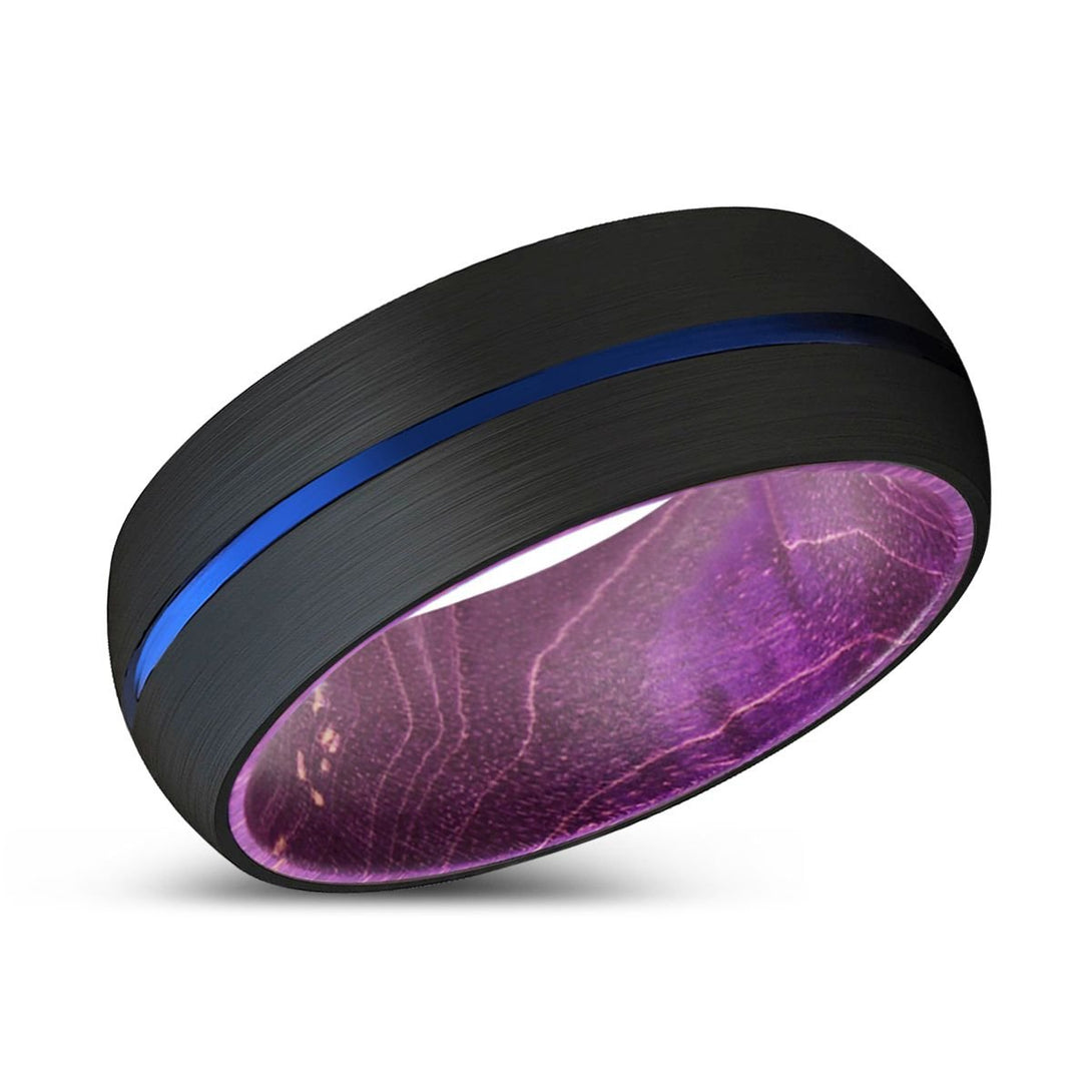 ALBIS | Purple Wood, Black Tungsten Ring, Blue Groove, Domed - Rings - Aydins Jewelry