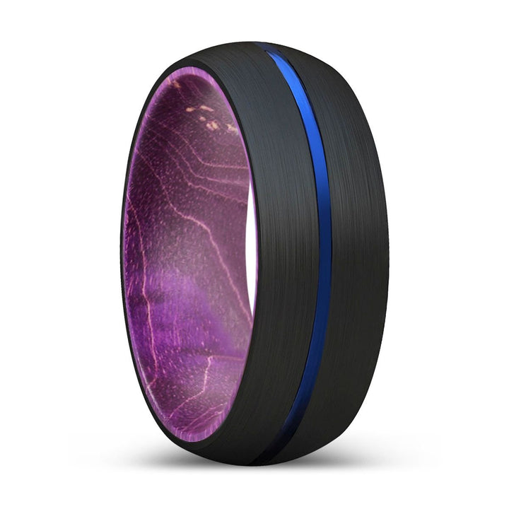 ALBIS | Purple Wood, Black Tungsten Ring, Blue Groove, Domed - Rings - Aydins Jewelry