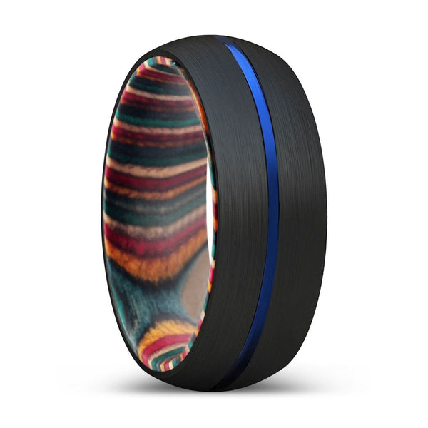 ALBY | Multi Color Wood, Black Tungsten Ring, Blue Groove, Domed - Rings - Aydins Jewelry - 1
