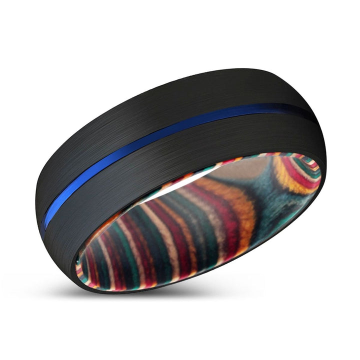 ALBY | Multi Color Wood, Black Tungsten Ring, Blue Groove, Domed - Rings - Aydins Jewelry - 2