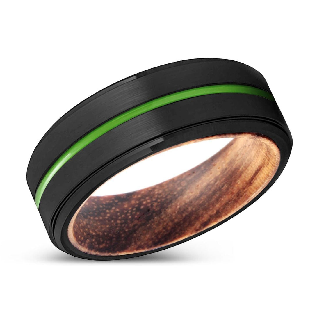 ALEXANDRIA | Zebra Wood, Black Tungsten Ring, Green Groove, Stepped Edge - Rings - Aydins Jewelry