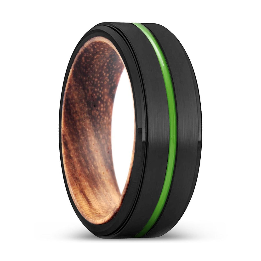 ALEXANDRIA | Zebra Wood, Black Tungsten Ring, Green Groove, Stepped Edge - Rings - Aydins Jewelry