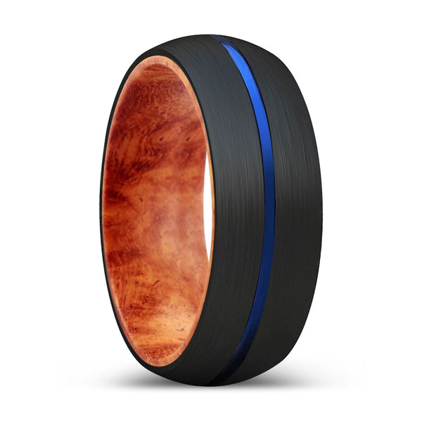 ALFRED | Red Burl Wood, Black Tungsten Ring, Blue Groove, Domed - Rings - Aydins Jewelry - 1