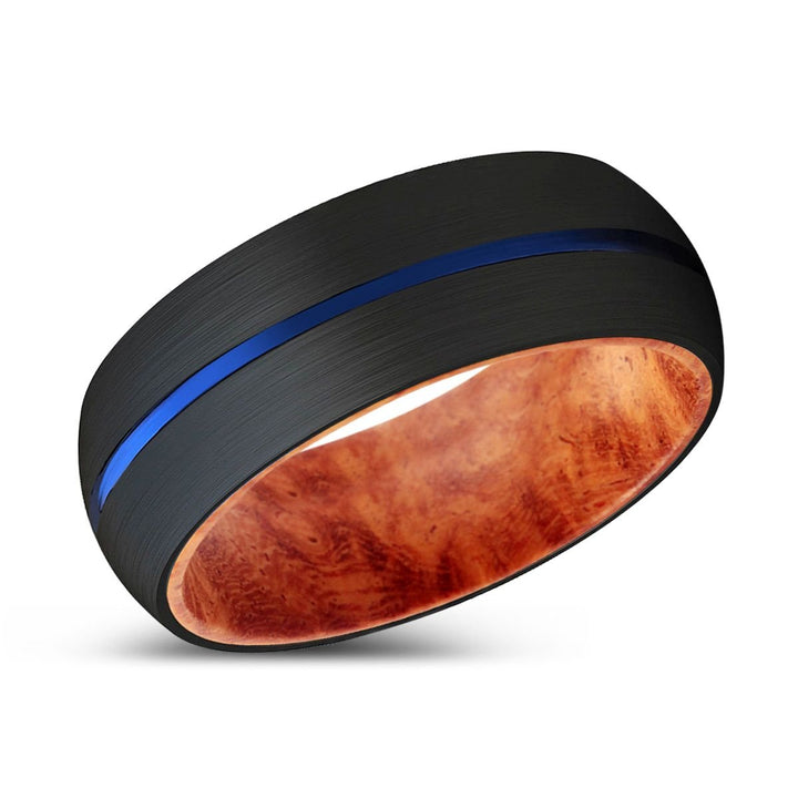 ALFRED | Red Burl Wood, Black Tungsten Ring, Blue Groove, Domed - Rings - Aydins Jewelry - 2