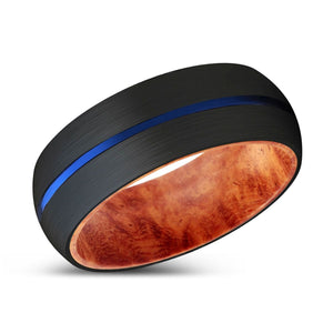 ALFRED | Red Burl Wood, Black Tungsten Ring, Blue Groove, Domed - Rings - Aydins Jewelry - 2