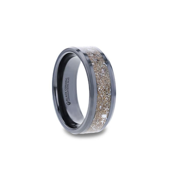 ALLOSAURUS | Black Ceramic Ring, White Dinosaur Bone Inlay, Beveled - Rings - Aydins Jewelry