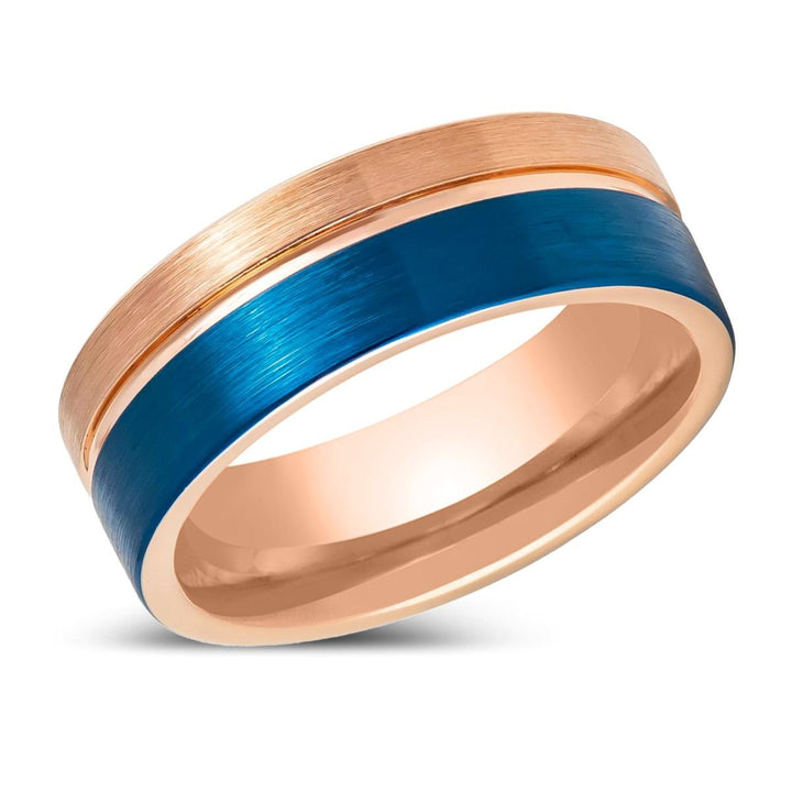 ALNAIR | Rose Gold Tungsten Ring, Blue Brushed, Grooved, Flat - Rings - Aydins Jewelry - 2