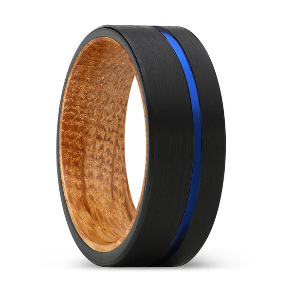 ALPHA | Whiskey Barrel Wood, Black Tungsten Ring, Blue Offset Groove, Flat - Rings - Aydins Jewelry