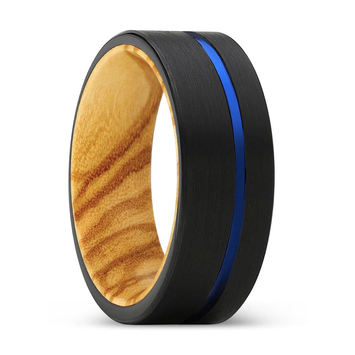 ALPINE | Olive Wood, Black Tungsten Ring, Blue Offset Groove, Flat - Rings - Aydins Jewelry
