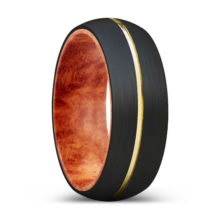 ALSOS | Red Burl Wood, Black Tungsten Ring, Gold Groove, Domed - Rings - Aydins Jewelry - 1