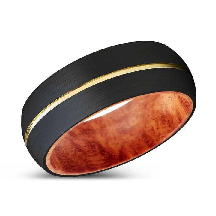 ALSOS | Red Burl Wood, Black Tungsten Ring, Gold Groove, Domed - Rings - Aydins Jewelry - 2