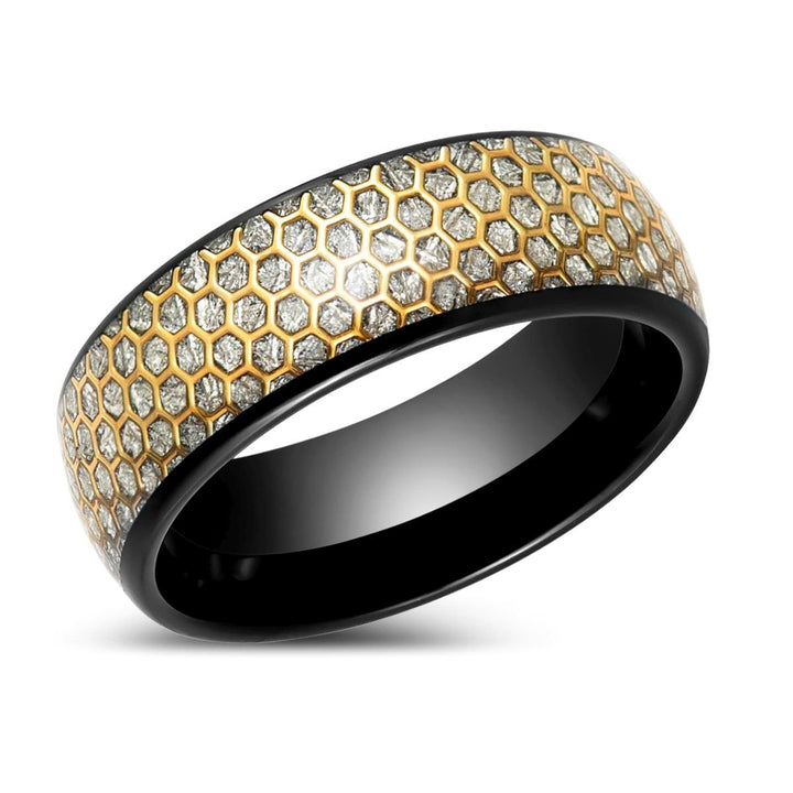 AMANA | Black Tungsten Ring, Honey Comb, Silver Meteorite Inlay, Domed - Rings - Aydins Jewelry - 2