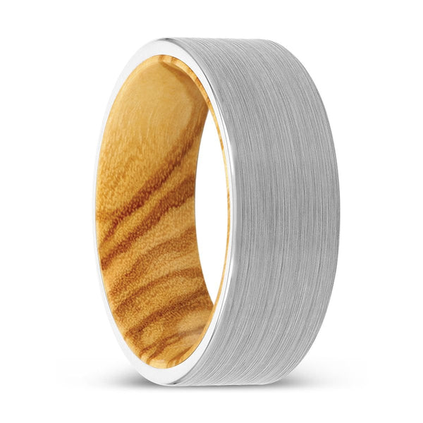 AMANI | Olive Wood, White Tungsten Ring, Brushed, Flat - Rings - Aydins Jewelry