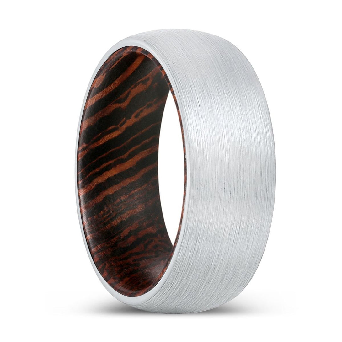 AMBITION | Wenge Wood, White Tungsten Ring, Brushed, Domed - Rings - Aydins Jewelry - 1