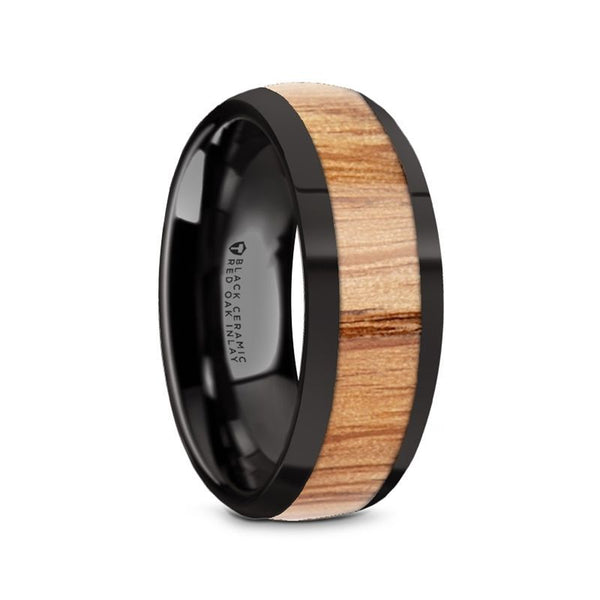 AMBROSE | Black Ceramic Ring, Red Oak Wood Inlay, Domed - Rings - Aydins Jewelry - 1