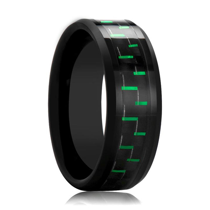 AMELL | Black Ceramic Ring, Black and Green Carbon Fiber Inlay, Beveled - Rings - Aydins Jewelry