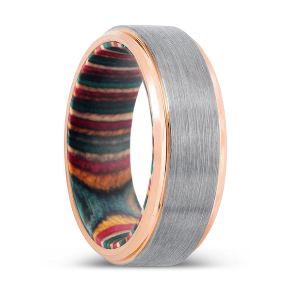 AMIDA | Multi Color Box Wood, Silver Tungsten Ring, Brushed, Rose Gold Stepped Edge - Rings - Aydins Jewelry - 1