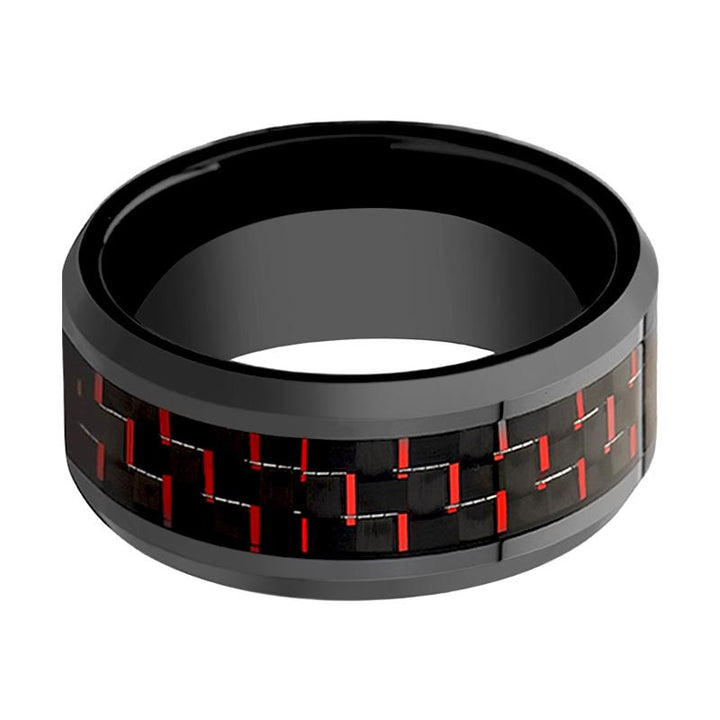 AMORY | Black Ceramic Ring, Black & Red Carbon Fiber Inlay, Beveled - Rings - Aydins Jewelry