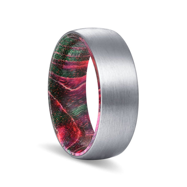 AMSBAUGH | Green and Red Wood, Silver Tungsten Ring, Brushed, Domed - Rings - Aydins Jewelry - 1